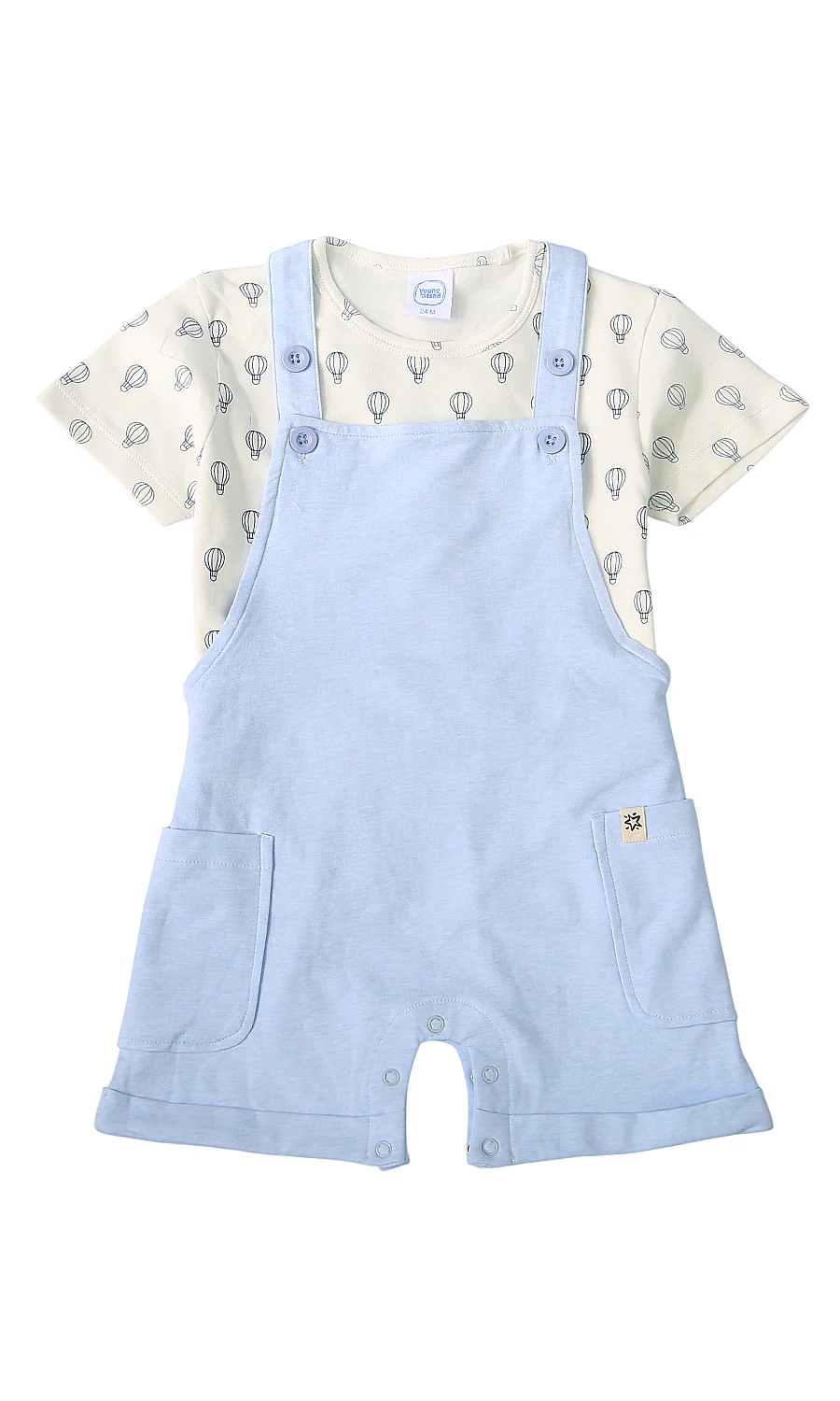 Baby Boys 2 Piece Summer Suit Cream Blue Hot Air Balloon Print Dungaree Set