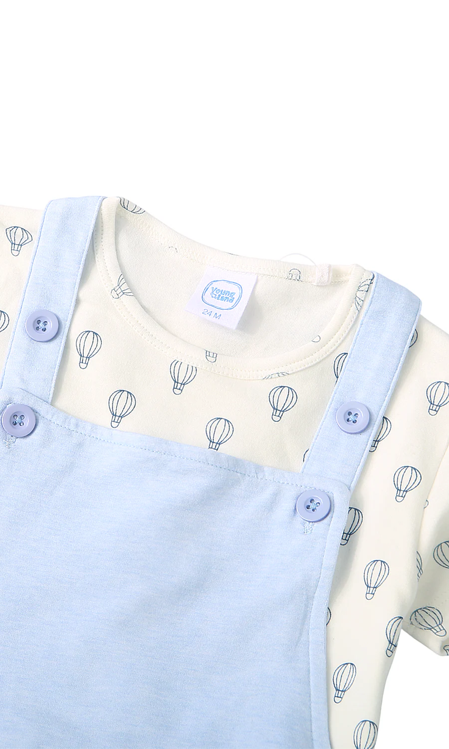 Baby Boys 2 Piece Summer Suit Cream Blue Hot Air Balloon Print Dungaree Set - Image 2