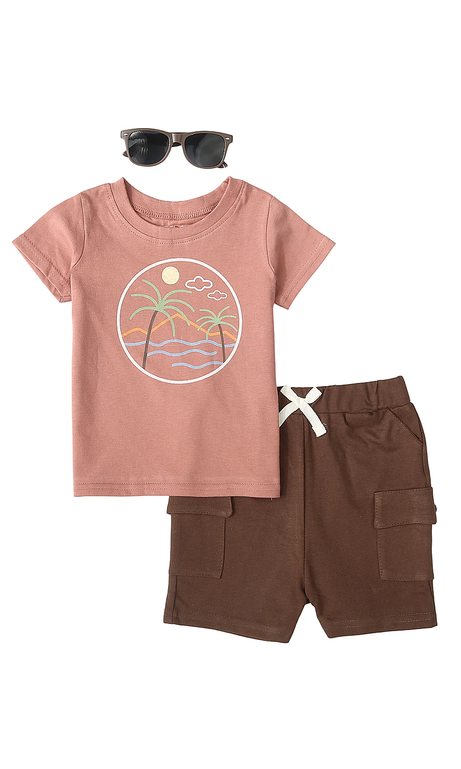 Baby Boys 3 Piece Summer Suit Pink Brown Tropical Print