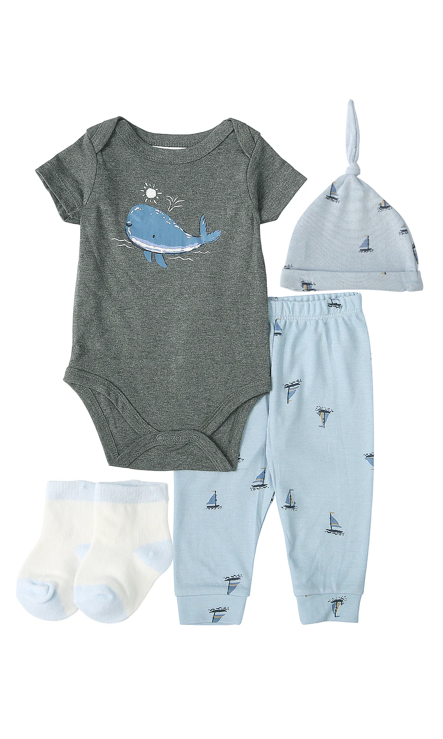 Baby Boys 4 Piece Suit Grey Blue Whale Sailboat Print