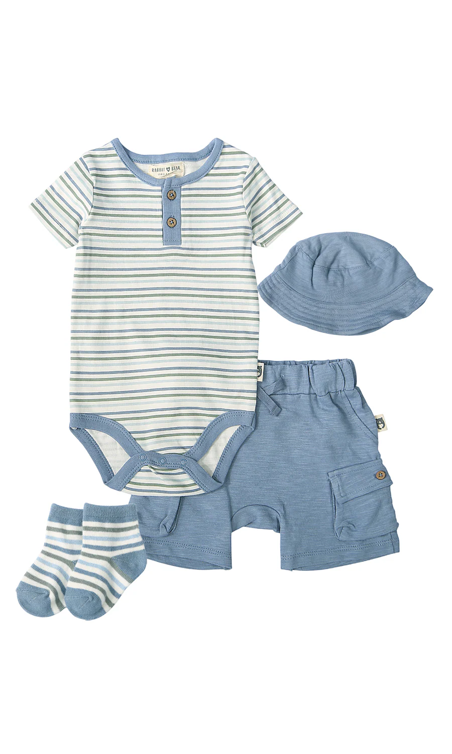 Baby Boys 4 Piece Suit White Multi Stripe Henley Bodysuit Blue Cargo Shorts Bucket Hat Socks Set