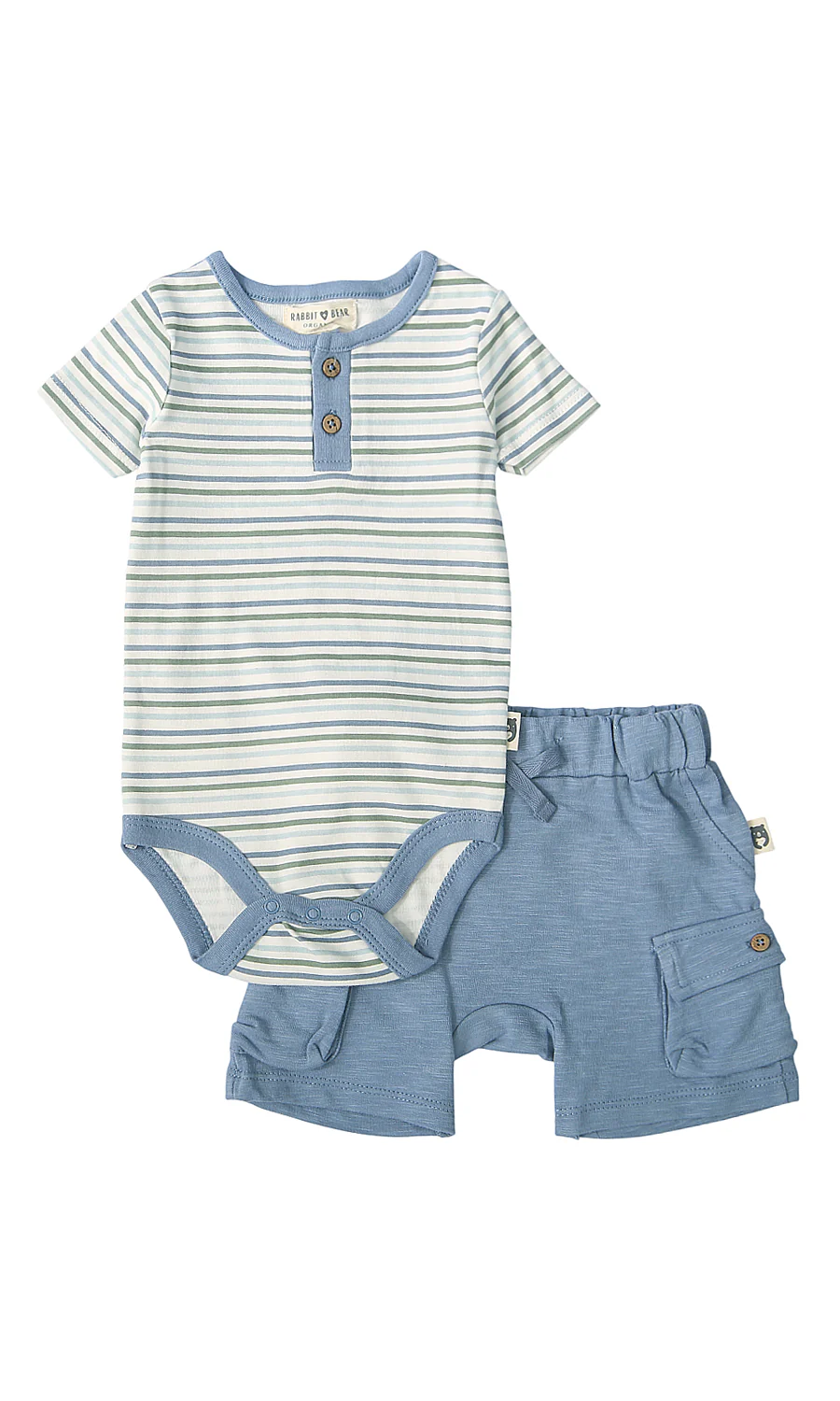 Baby Boys 4 Piece Suit White Multi Stripe Henley Bodysuit Blue Cargo Shorts Bucket Hat Socks Set - Image 2