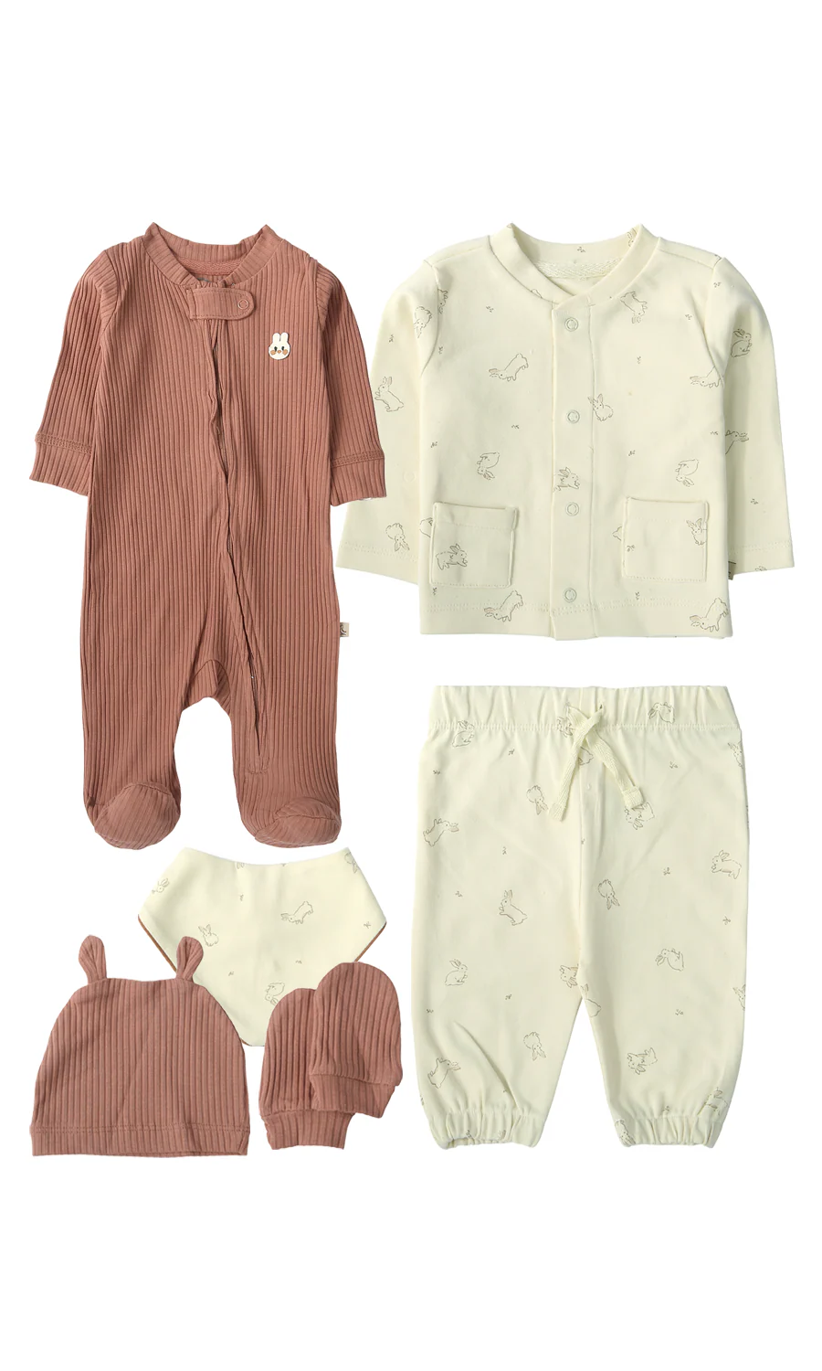 Baby Boys 6-Piece Gift Set Dusty Rose Ribbed & Cream Bunny Print Newborn Layette