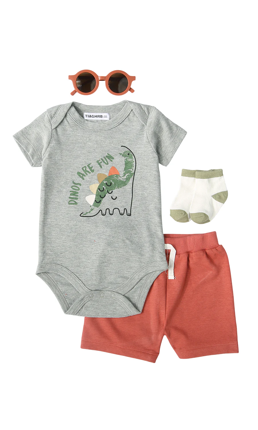 Baby Boys Dinosaur Slogan Bodysuit & Shorts Set Grey Rust Red