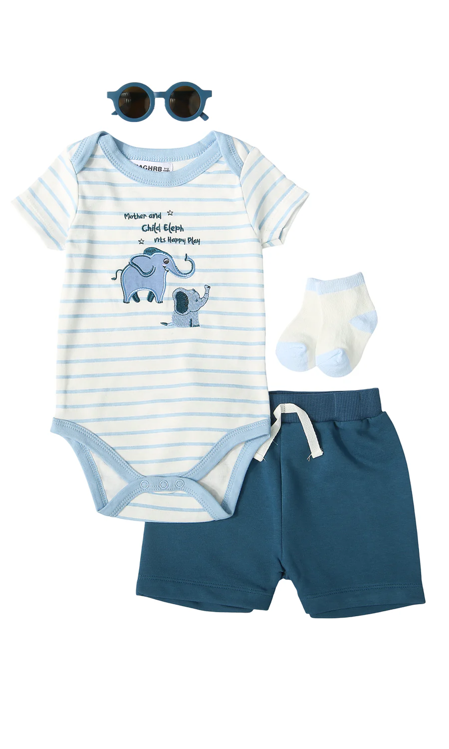 Baby Boys Elephant Stripe Bodysuit & Shorts Set White Steel Blue