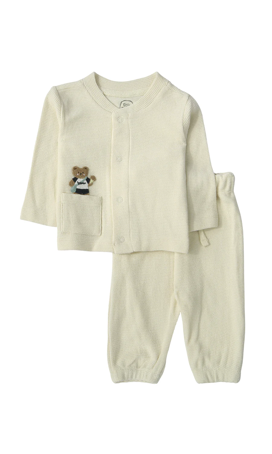 Baby Boys Night Suit Cream Waffle Knit 3D Teddy Bear Appliqué 2-Piece Pyjama Set