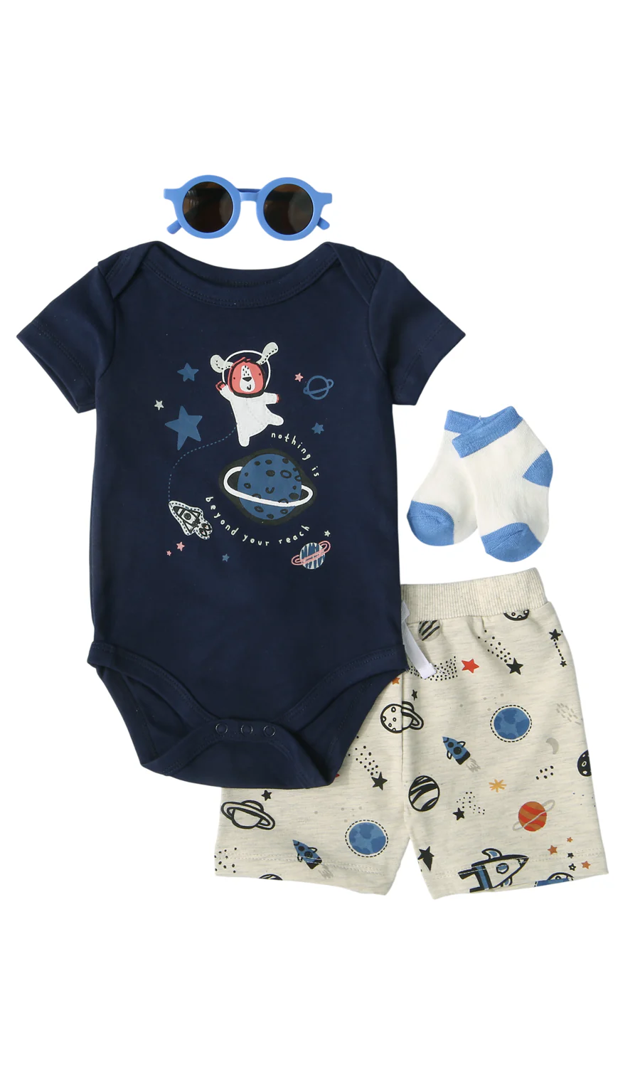 Baby Boys Space Print Bodysuit & Shorts Set Navy Blue Cream