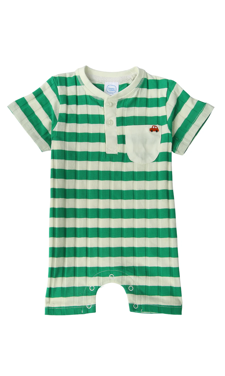 Baby Cotton Romper Green Striped with Embroidered Car Pocket Detail