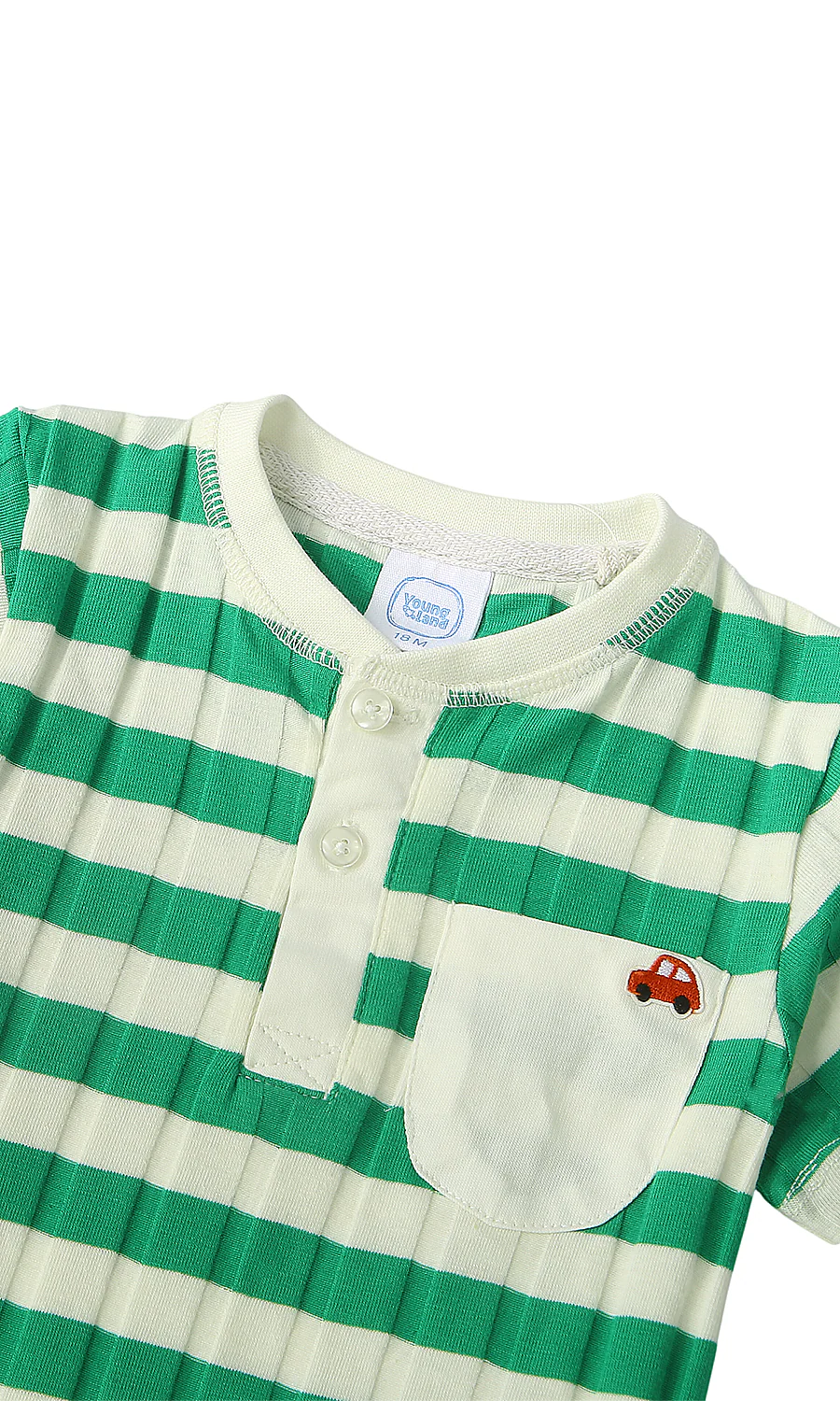Baby Cotton Romper Green Striped with Embroidered Car Pocket Detail - Image 2