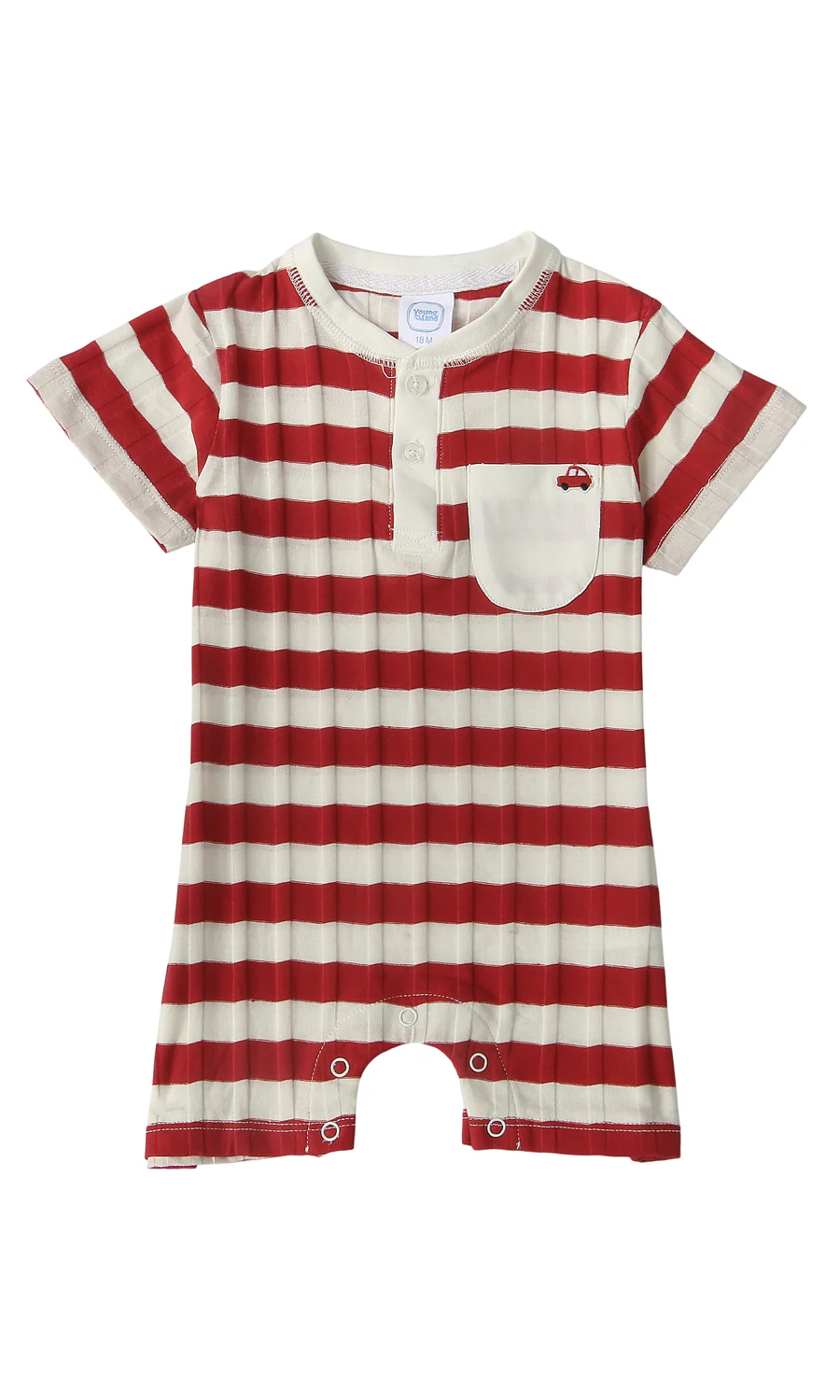 Baby Cotton Romper Red Striped with Embroidered Car Pocket Detail
