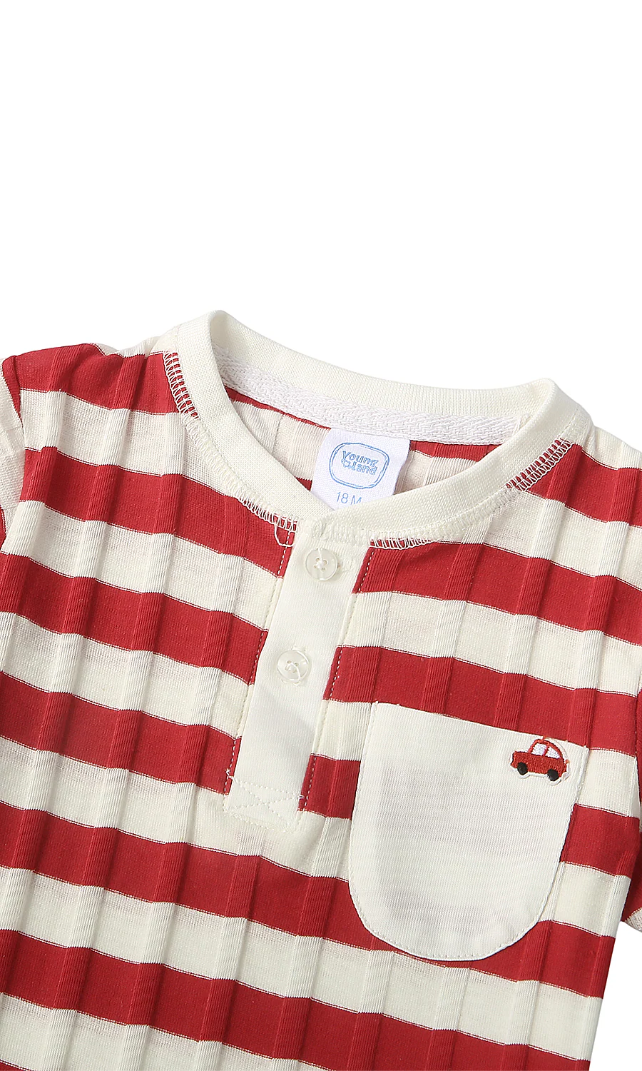 Baby Cotton Romper Red Striped with Embroidered Car Pocket Detail - Image 2