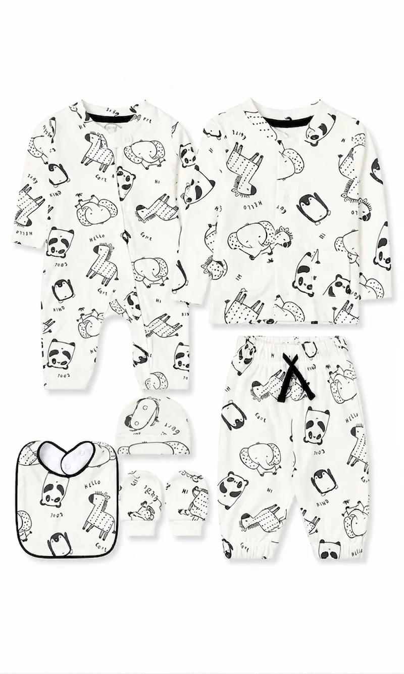 Baby Gift Set White Cartoon Animals Print 6 Piece Newborn Set
