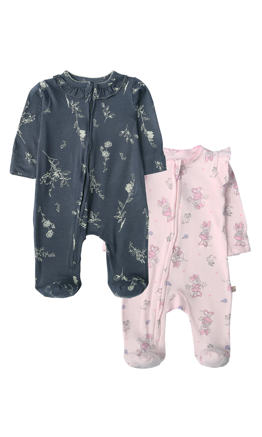Baby Girl Cotton Romper Pack of 2 — Blue Floral Print & Pink Minnie Mouse Print