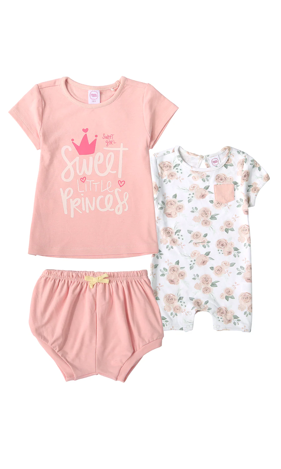 Baby Girls 3 Pcs Summer Suit Peach White Rose Floral Print