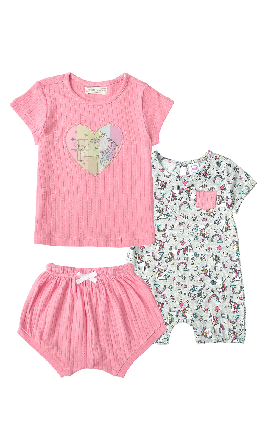 Baby Girls 3 Pcs Summer Suit Pink White Unicorn Print