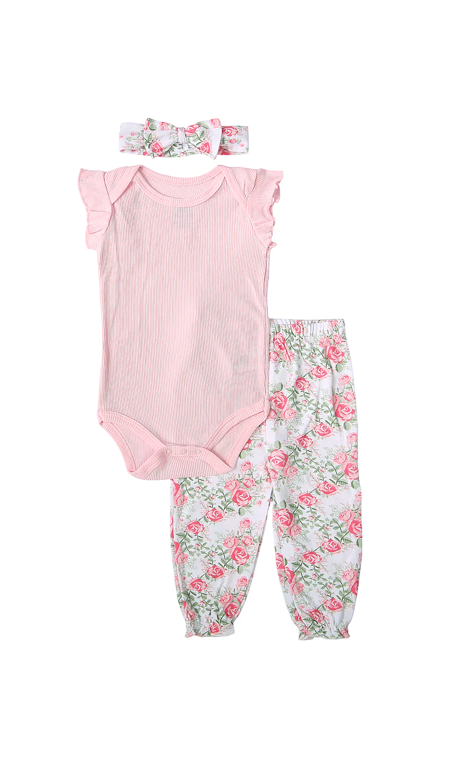 Baby Girls 3 Piece Suit Baby Pink Ribbed Flutter Sleeve Bodysuit Rose Floral Joggers Headband Set