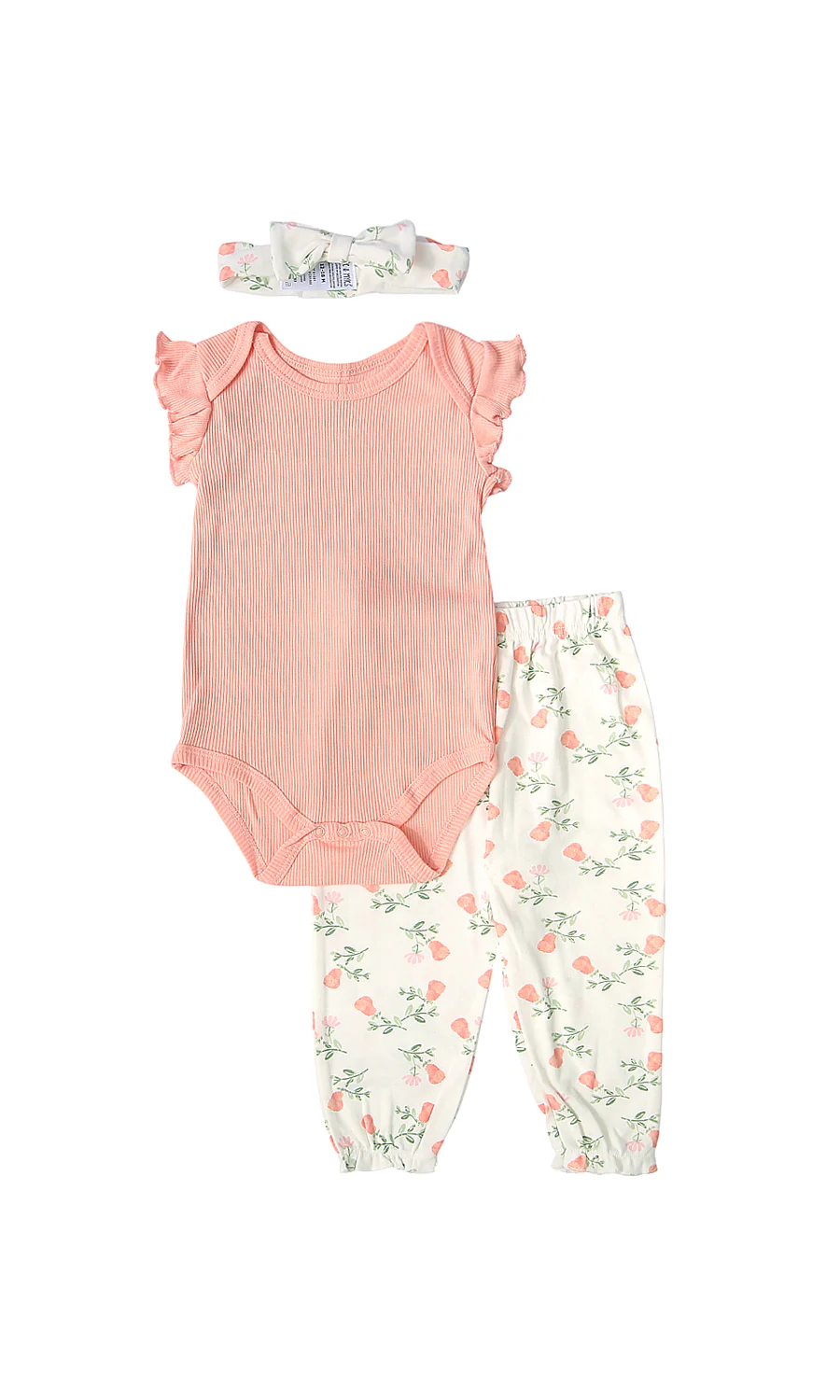 Baby Girls 3 Piece Suit Coral Pink Ribbed Flutter Sleeve Bodysuit Floral Joggers Headband Set