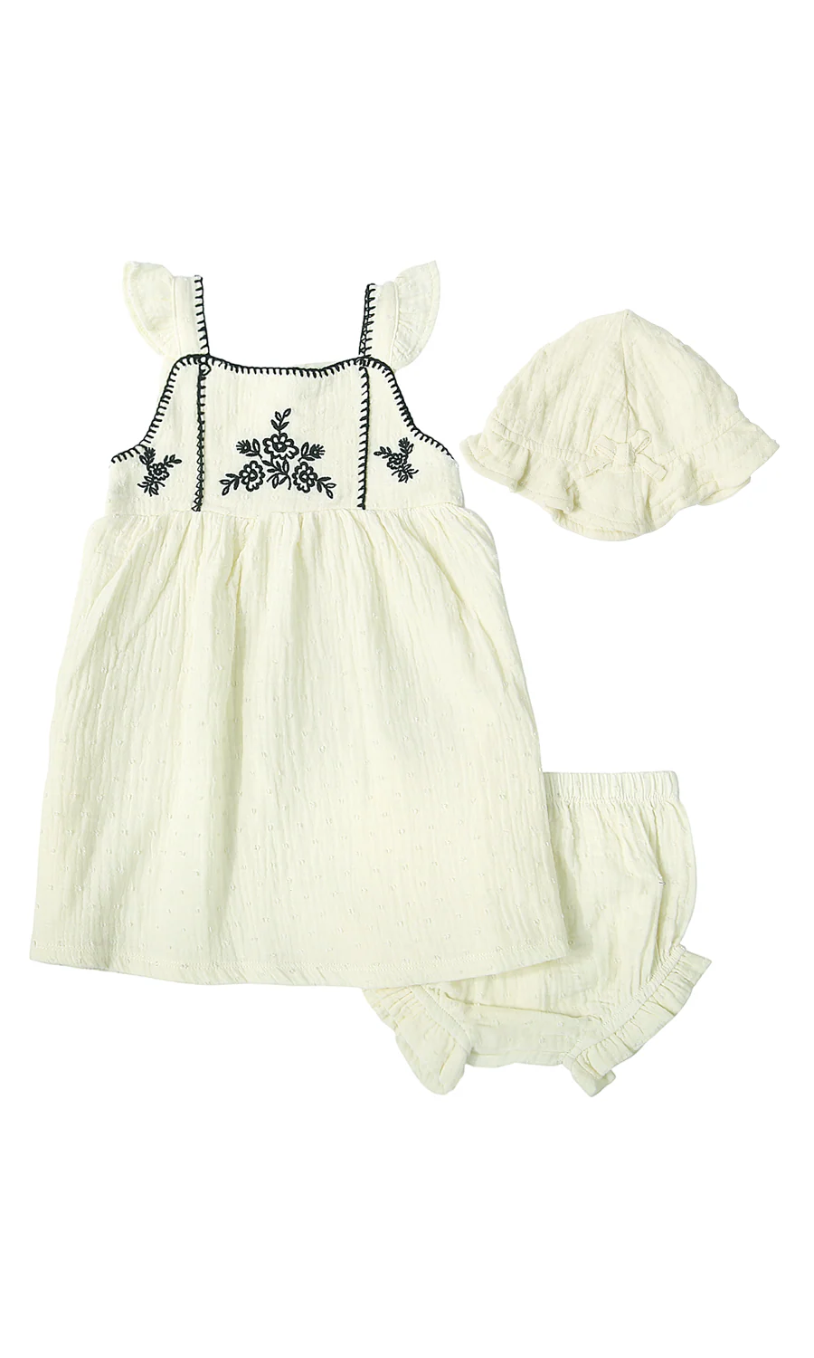 Baby Girls 3 Piece Suit Cream Swiss Dot Embroidered Floral Frill Dress Bloomers Hat Set