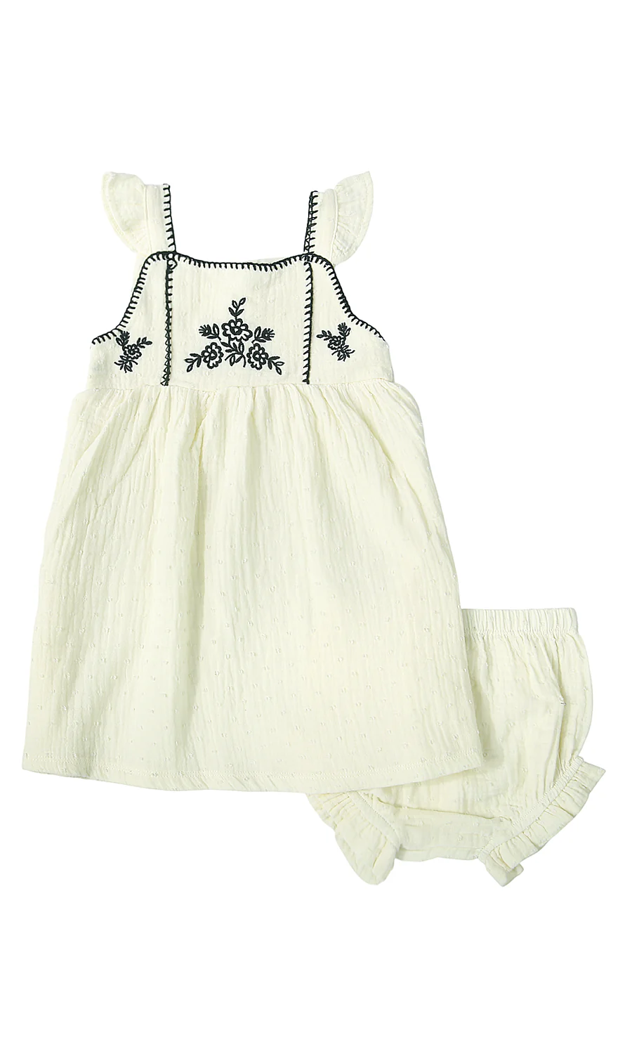 Baby Girls 3 Piece Suit Cream Swiss Dot Embroidered Floral Frill Dress Bloomers Hat Set - Image 2