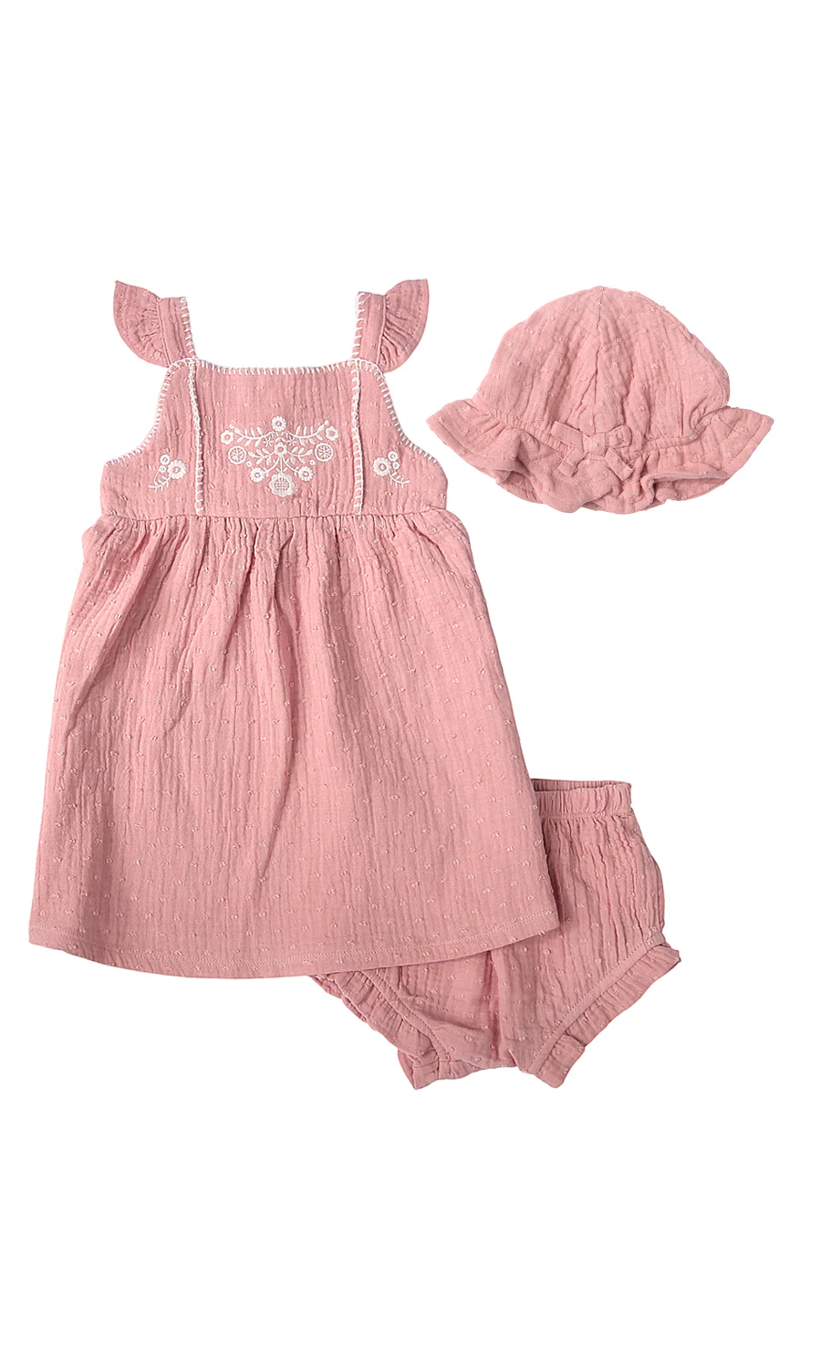 Baby Girls 3 Piece Suit Dusky Rose Swiss Dot White Floral Embroidered Frill Dress Bloomers Hat Set