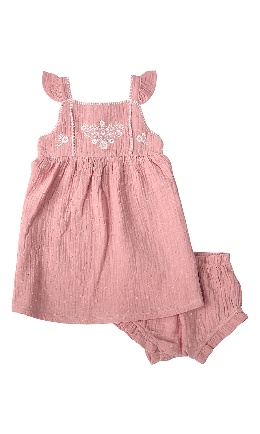 Baby Girls 3 Piece Suit Dusky Rose Swiss Dot White Floral Embroidered Frill Dress Bloomers Hat Set - Image 2