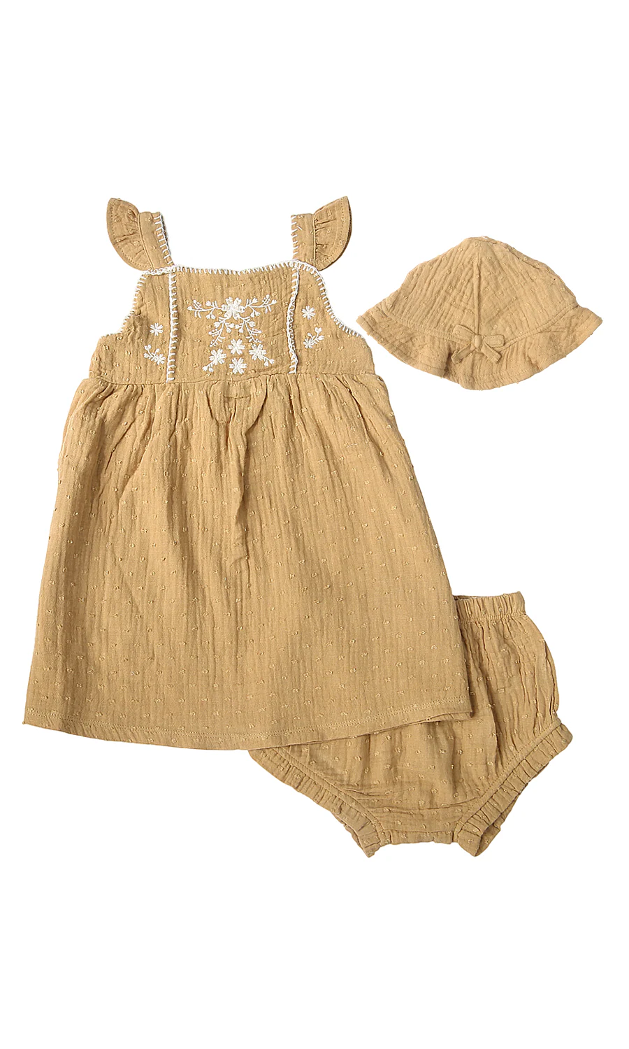 Baby Girls 3 Piece Suit Mustard Yellow Swiss Dot White Daisy Embroidered Frill Dress Bloomers Hat Set