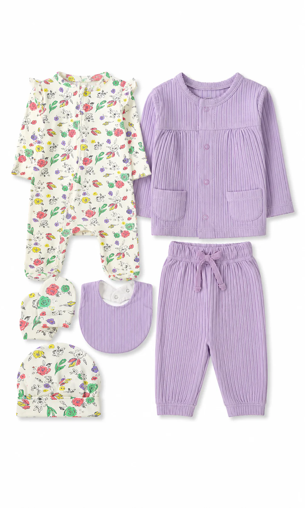 Baby Girls 6 Piece Gift Set Cream Floral Print & Lilac