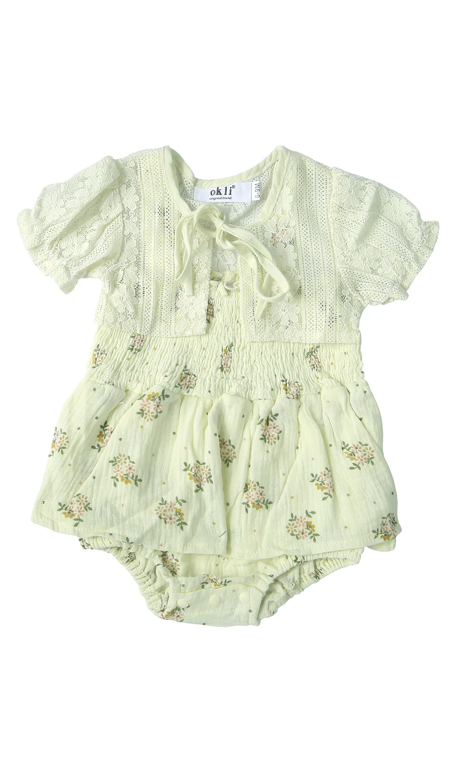 Baby Girls Bodysuit Pack Of 2 Pale Mint Ditsy Floral Smocked Romper Puff Sleeve Jacket Set - Image 2