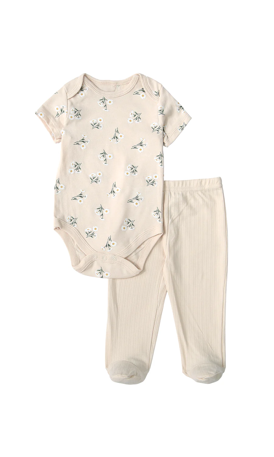 Baby Girls Daisy Floral Bodysuit Footed Pants & Bib Set Cream - Image 2