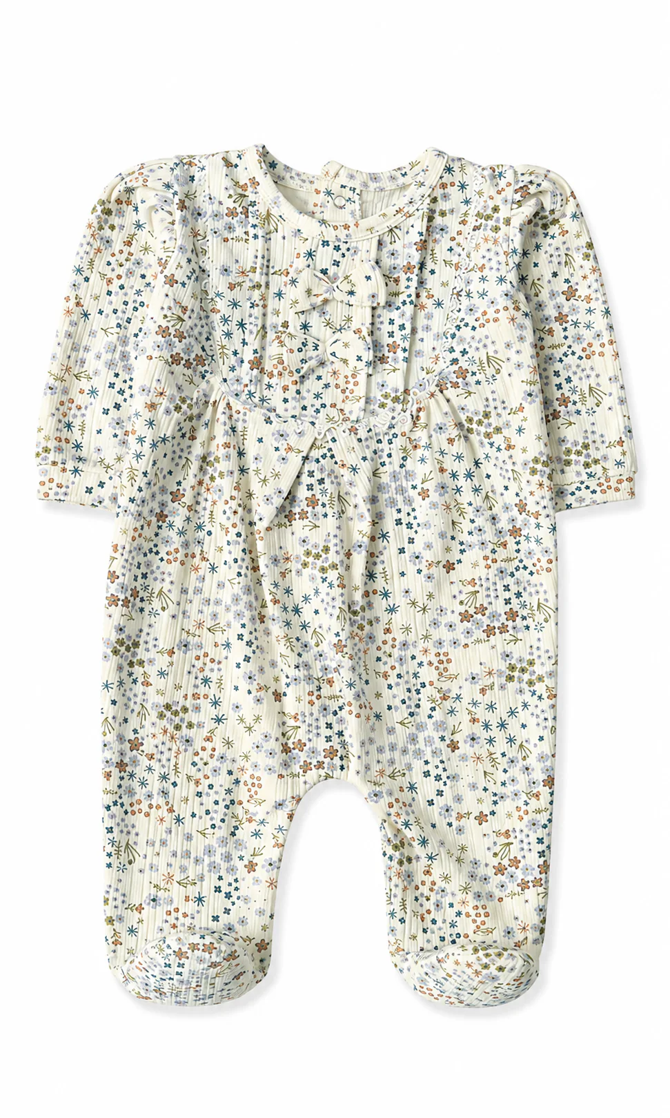 Baby Girls Footed Romper Pack of 2 Floral Print & Blue Bow - Image 3