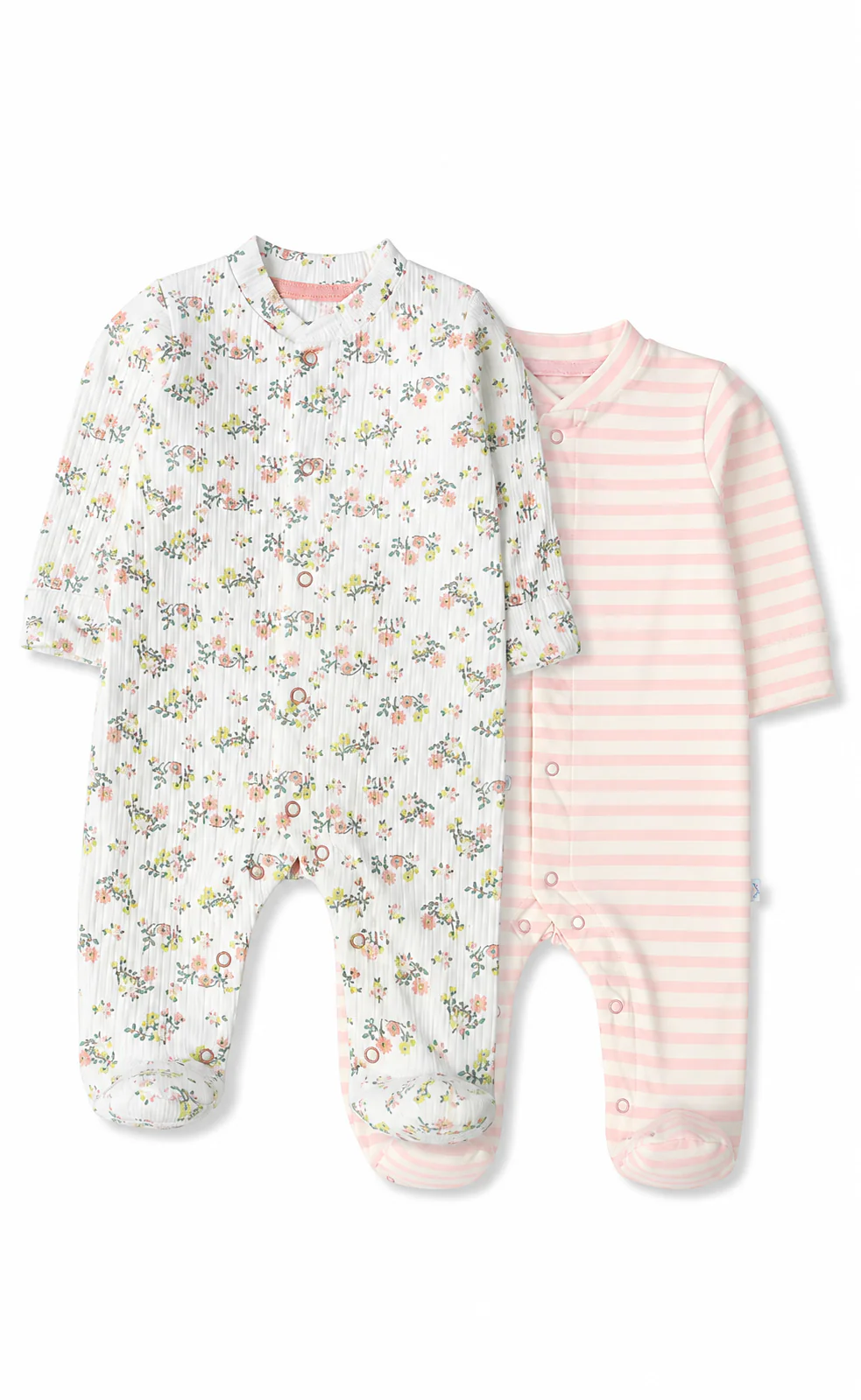 Baby Girls Footed Romper Pack of 2 Floral Print & Pink Stripe