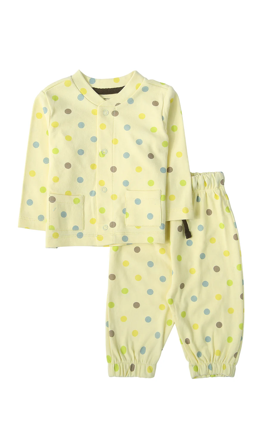 Baby Girls Night Suit Lemon Yellow Multicolour Polka Dot 2-Piece Pyjama Set