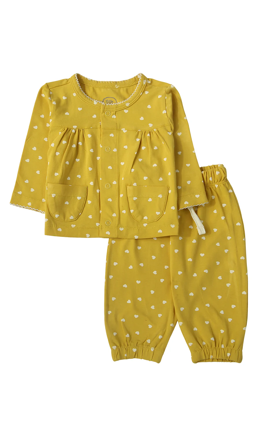 Baby Girls Night Suit Mustard Yellow Mini Heart Print Lace Trim 2-Piece Pyjama Set