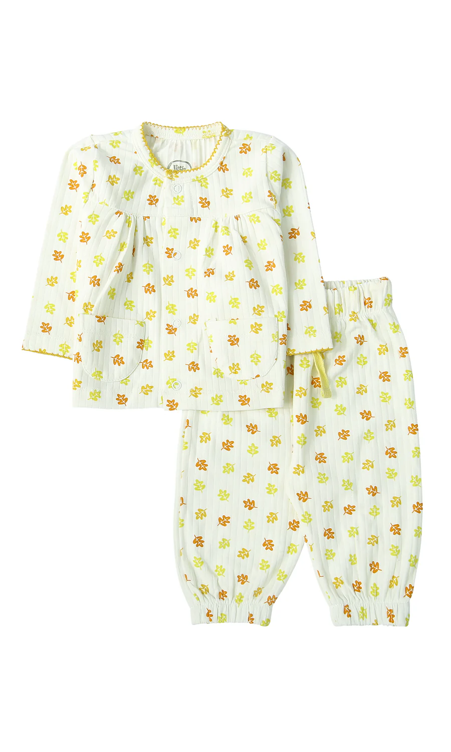 Baby Girls Night Suit White Autumn Leaf Print Lime Trim 2-Piece Pyjama Set