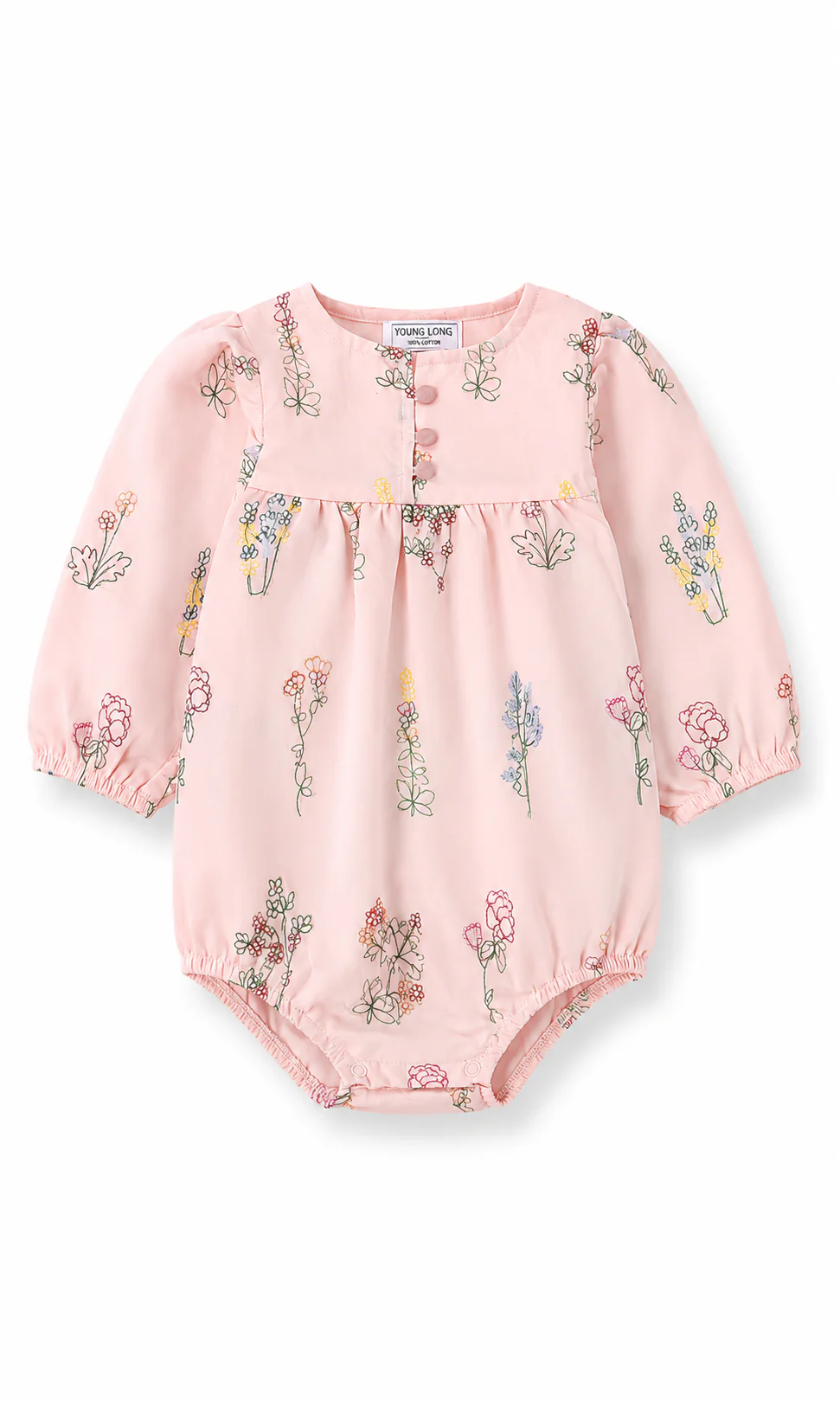 Baby Girls Pink Floral Embroidery Print Long Sleeve Bodysuit