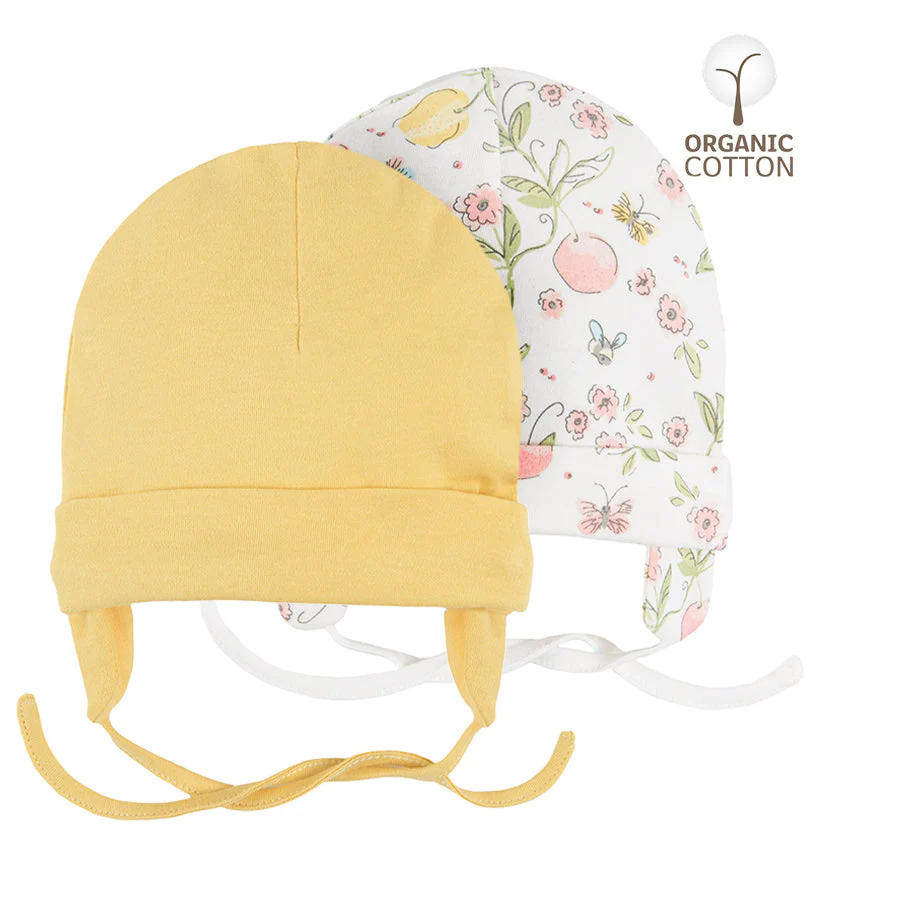 Beanie For Girls Organic Cotton Tied Ecru Yellow Set 2 Pcs CC CAG2403112