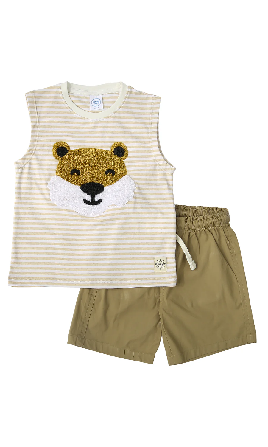 Boys 2 Piece Suit Cream Olive Green Striped Bear Appliqué