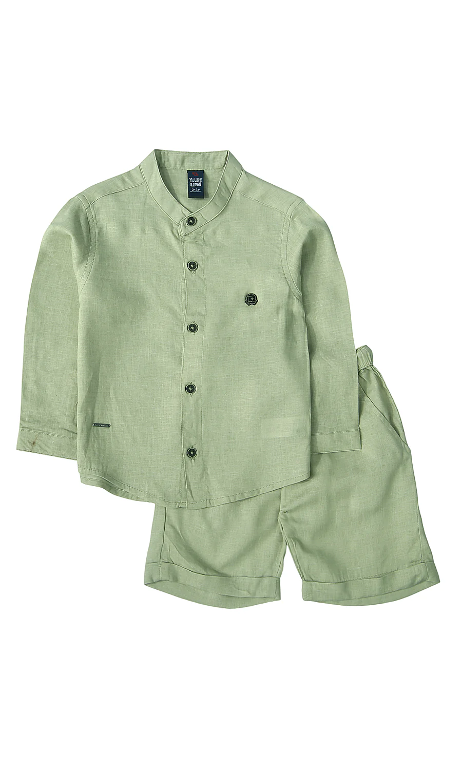 Boys 2 Piece Summer Suit Sage Green Linen Look Mandarin Collar Shirt Shorts Set