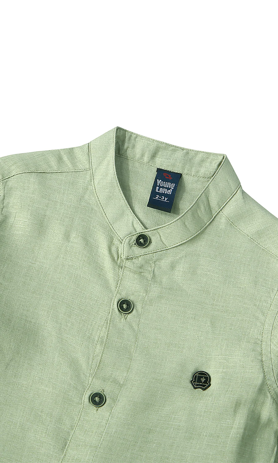 Boys 2 Piece Summer Suit Sage Green Linen Look Mandarin Collar Shirt Shorts Set - Image 2