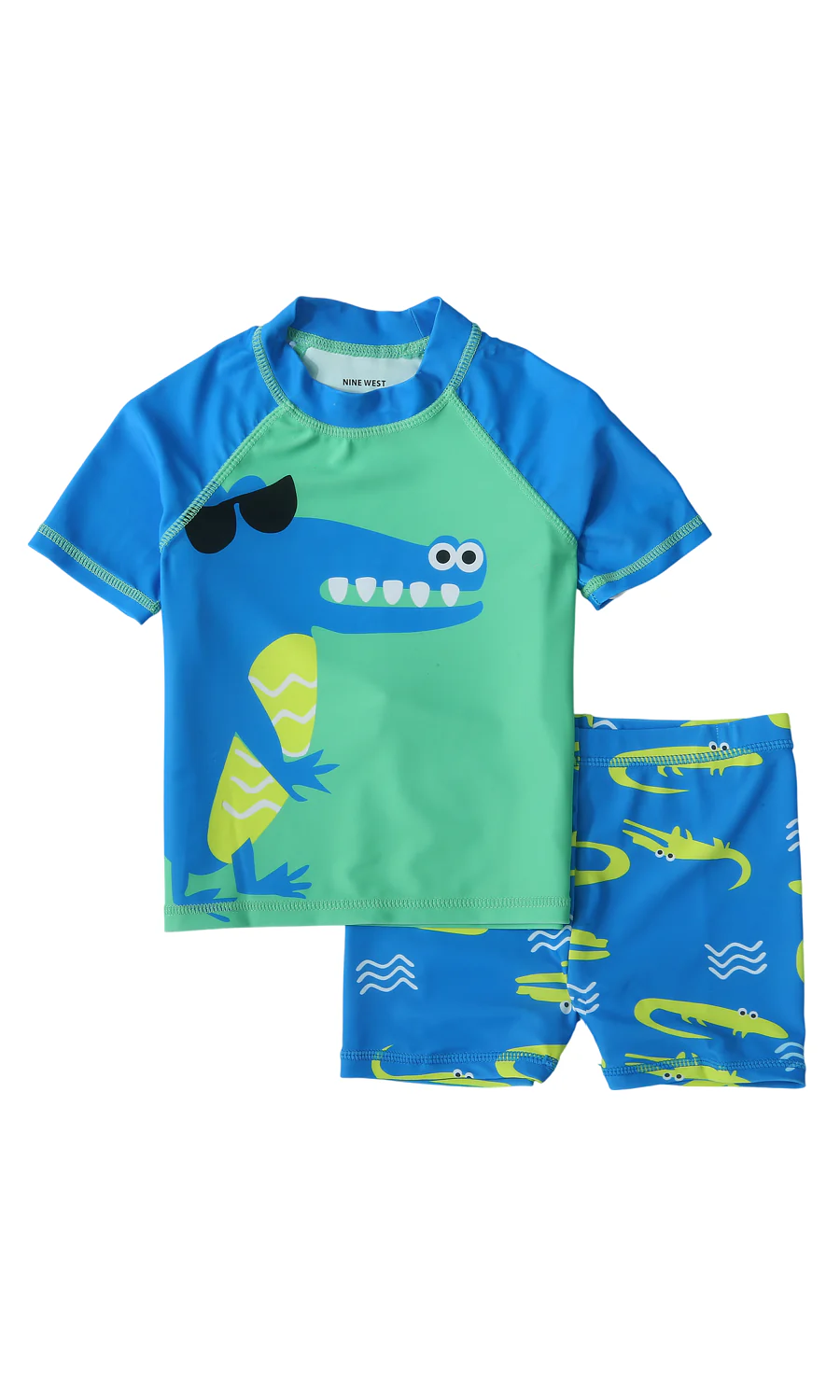 Boys 2 Piece Swimming Suit Green Blue Cool Crocodile Rash Guard Swim Shorts Set