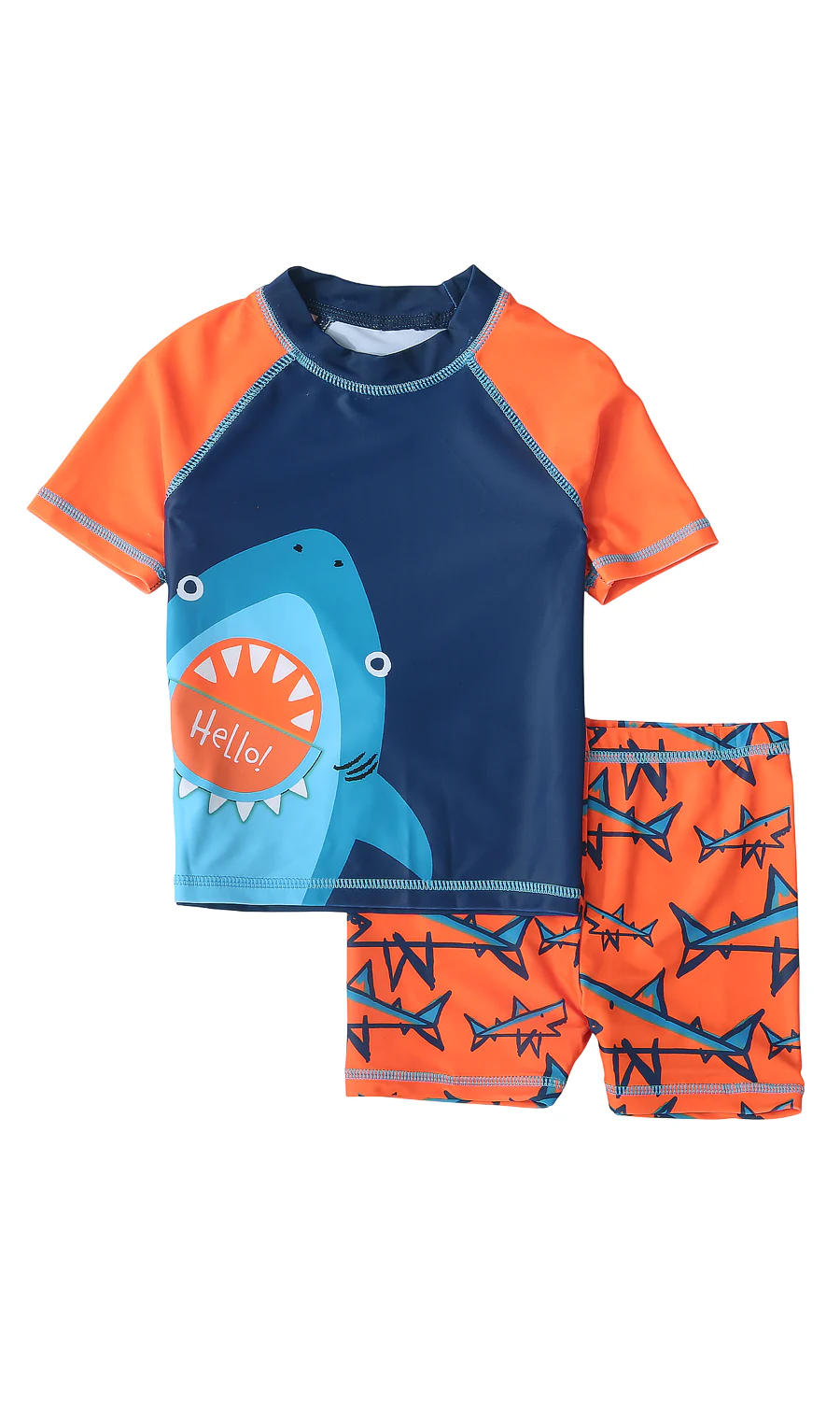 Boys 2 Piece Swimming Suit Navy Orange Hello Shark Rash Guard Swim