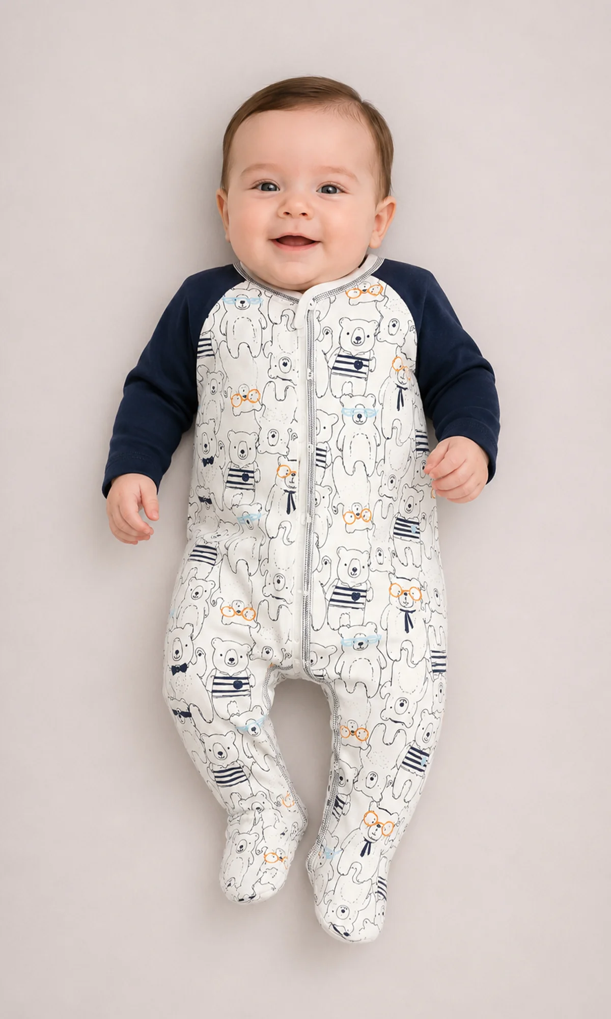 Boys Bear Print Romper White Navy
