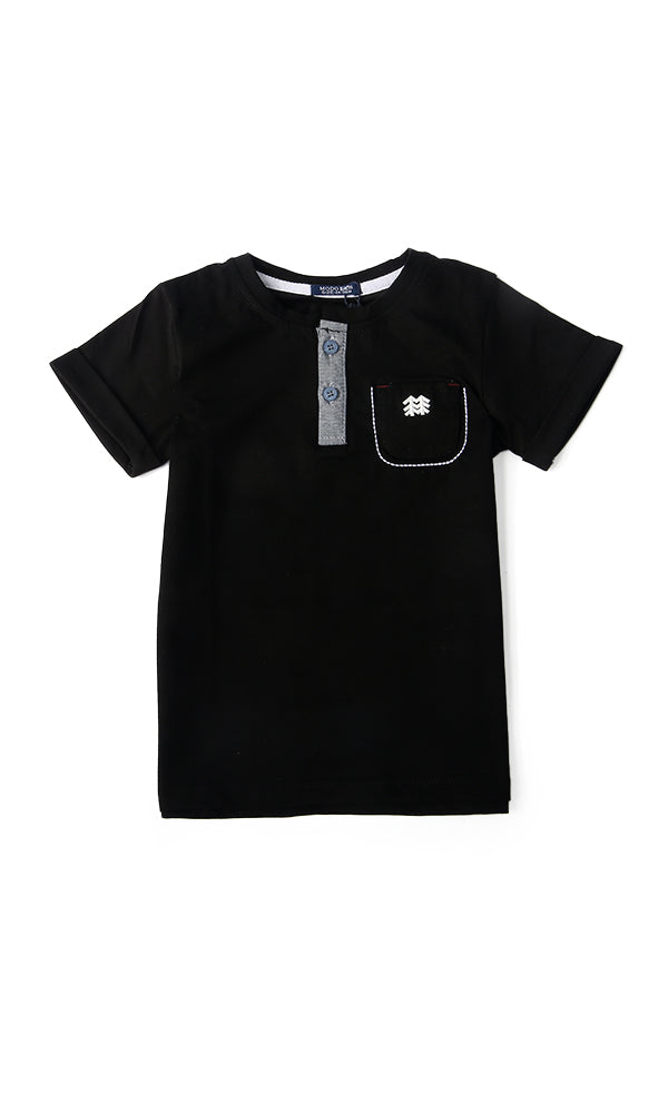 Boys Black Henley Pocket T-Shirt