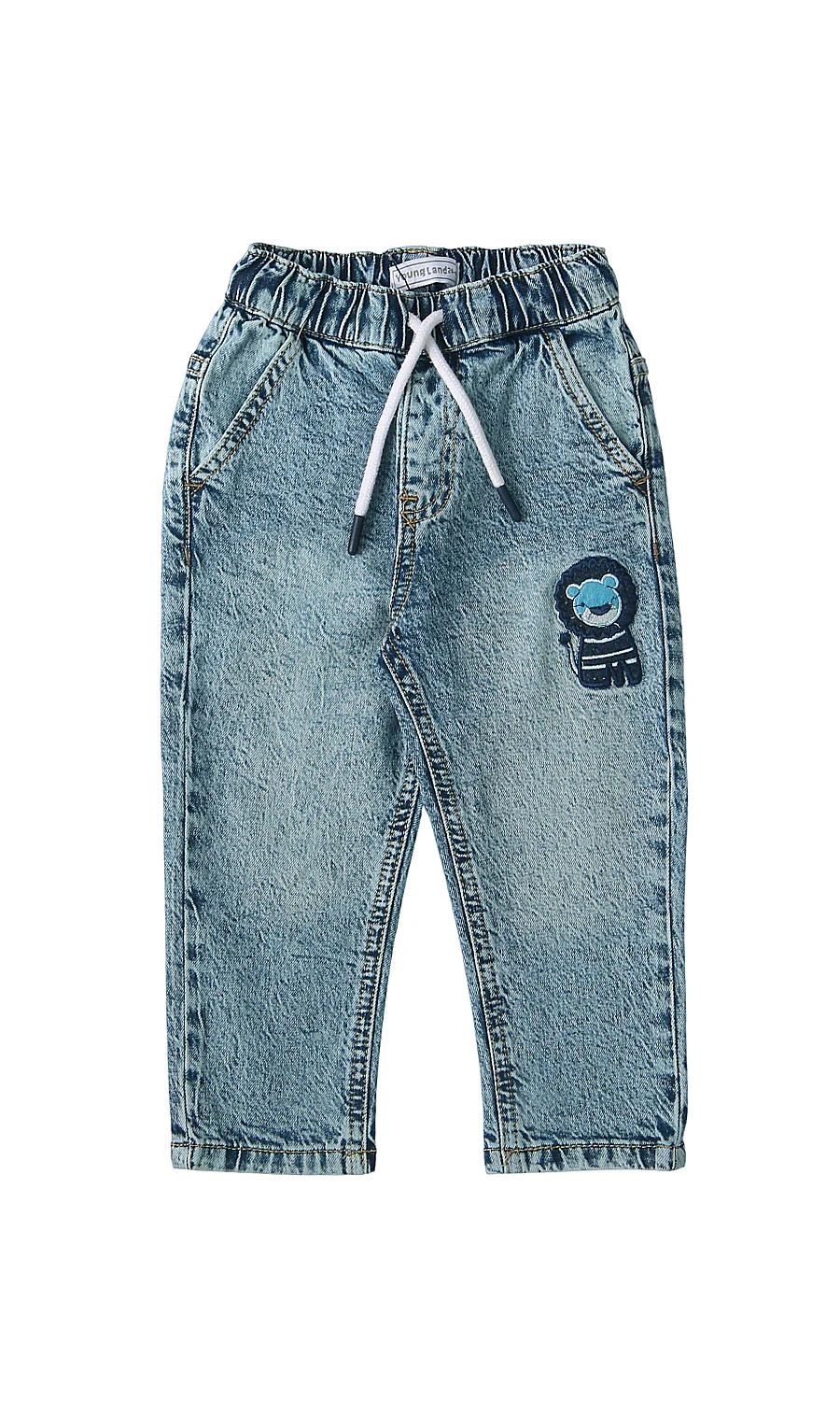 Boys Jeans Light Blue Acid Wash Elasticated Drawstring Waist Cartoon Bear Patch