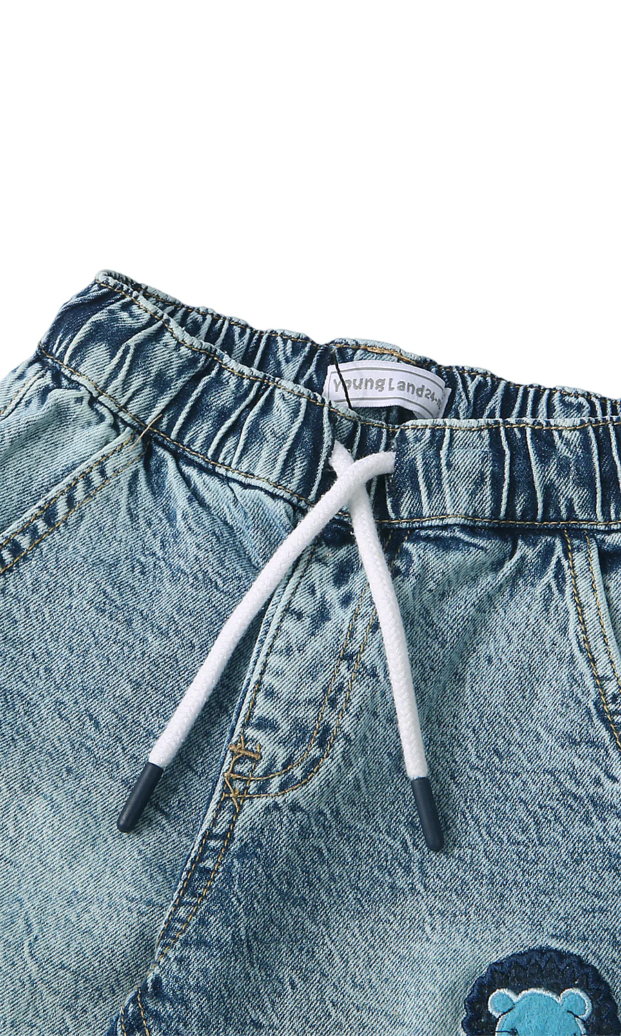 Boys Jeans Light Blue Acid Wash Elasticated Drawstring Waist Cartoon Bear Patch - Image 2