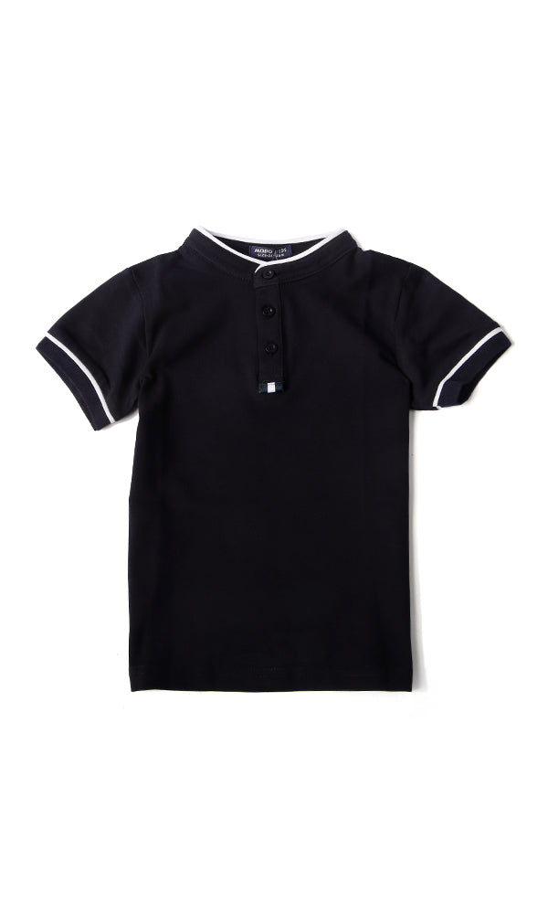Boys Navy Blue Mandarin Collar Henley T-Shirt
