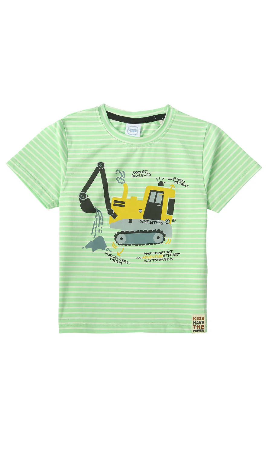 Boys Cotton T-Shirt Green Striped Excavator Print