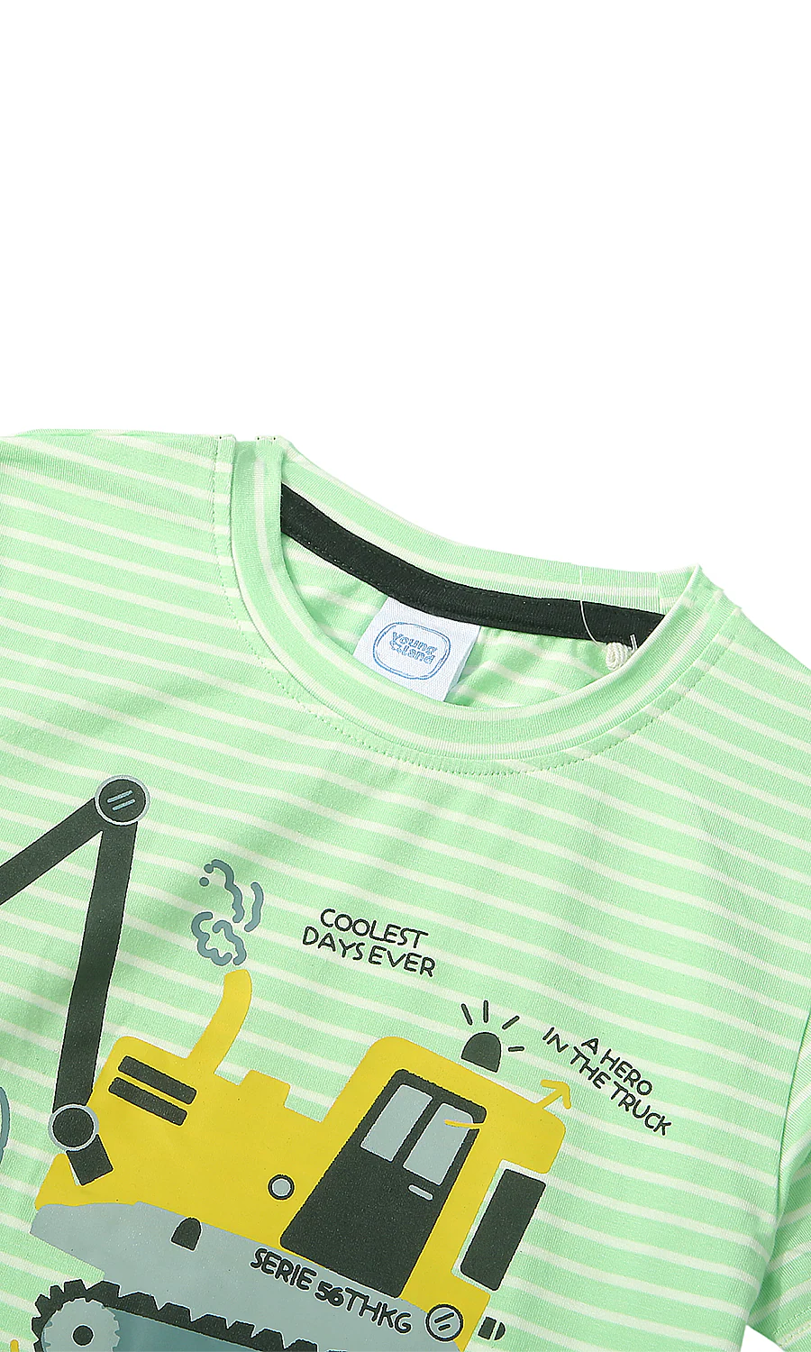 Boys Cotton T-Shirt Green Striped Excavator Print - Image 2