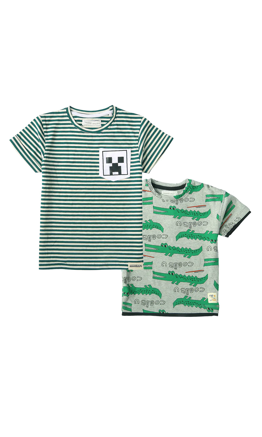 Boys T-Shirt Pack of 2 Green Stripe Minecraft Creeper Grey Crocodile Print
