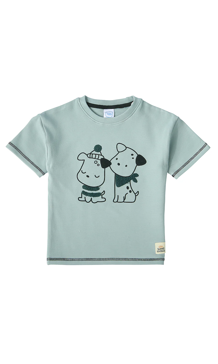 Boys T-Shirt Sage Green Cartoon Puppy Dogs Graphic Contrast Stitch